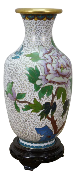 Chinese Brass Cloisonne Enamel Chrysanthemum Peony Bud Vase 9"