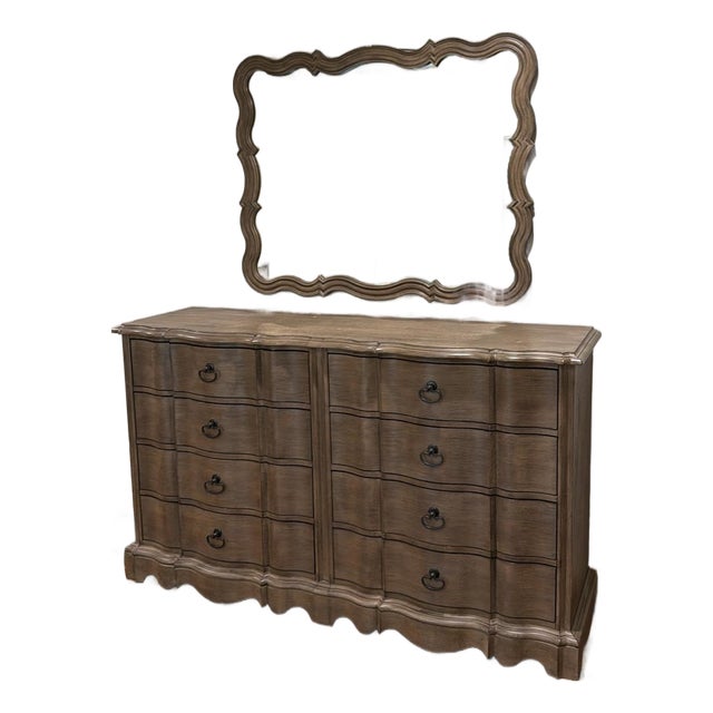 Authentic Hooker Furniture French Provincial Serpentine 8-Drawer Dresser With Matching Sculpted Mirror For Sale