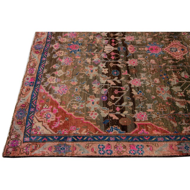 Vintage Distressed Handmade Medallion Brown & Pink Wool Rug For Sale In New York - Image 6 of 8