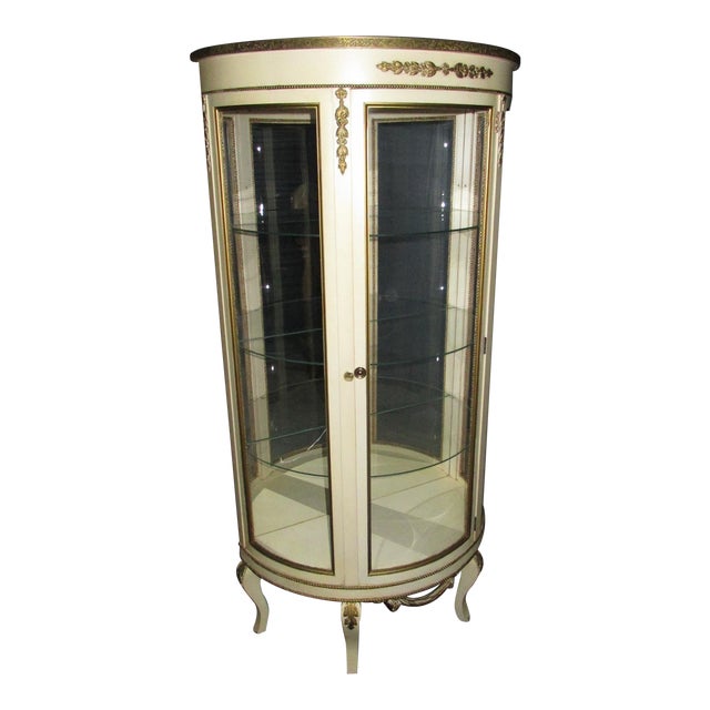 Vintage French Provincial Off White Cream Curio Cabinet Display