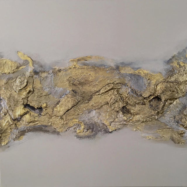Abstract "EarthScape" Original Abstract Wall Sculptures Marble Brass Gold - a Pair For Sale - Image 3 of 11