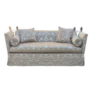 Vintage George Smith Style Silk Damask Knole Sofa 81” Long With Hinged Sides Pineapple Finials Down Cushions For Sale