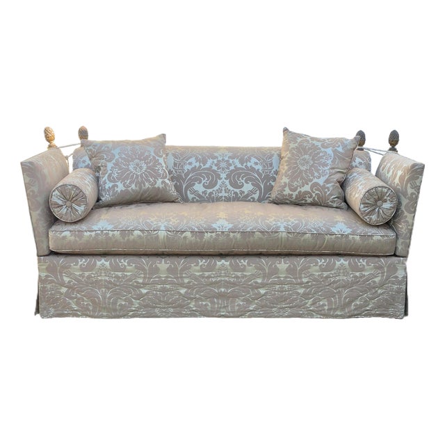 Vintage George Smith Style Silk Damask Knole Sofa 81” Long With Hinged Sides Pineapple Finials Down Cushions For Sale