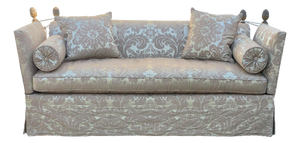 Vintage George Smith Style Silk Damask Knole Sofa 81” Long With Hinged Sides Pineapple Finials Down Cushions