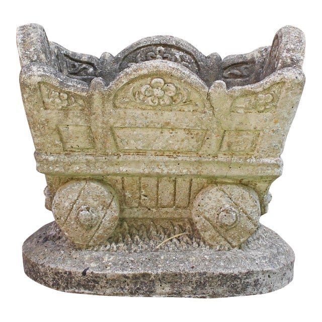 Mid-20th Century English Cast Stone Mine Shaft Cart Form Planter For Sale