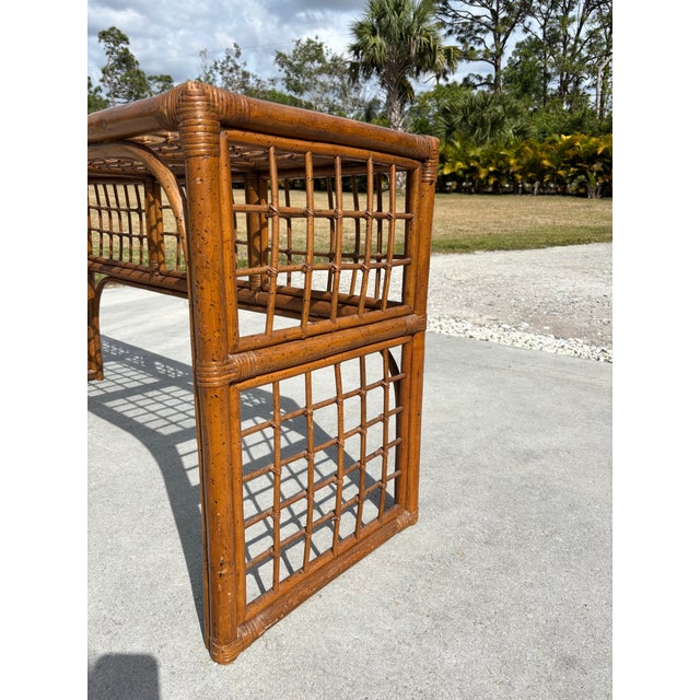 1970s Boho Chic Brown Lattice Rattan Rectangular Sofa Console Table With Glass Top For Sale - Image 11 of 12