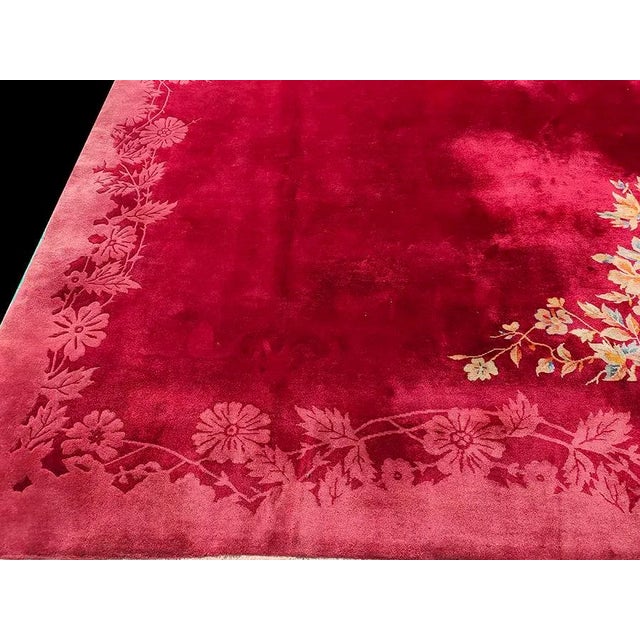 1920s Red Wine Open Field Daisies Floral Antique Chinese Art Deco Rug For Sale - Image 9 of 12