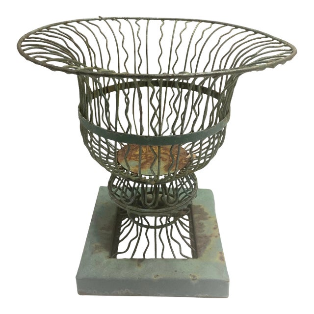 Vintage Victorian-Style Wire Garden Urn Planter With Pedestal Base For Sale