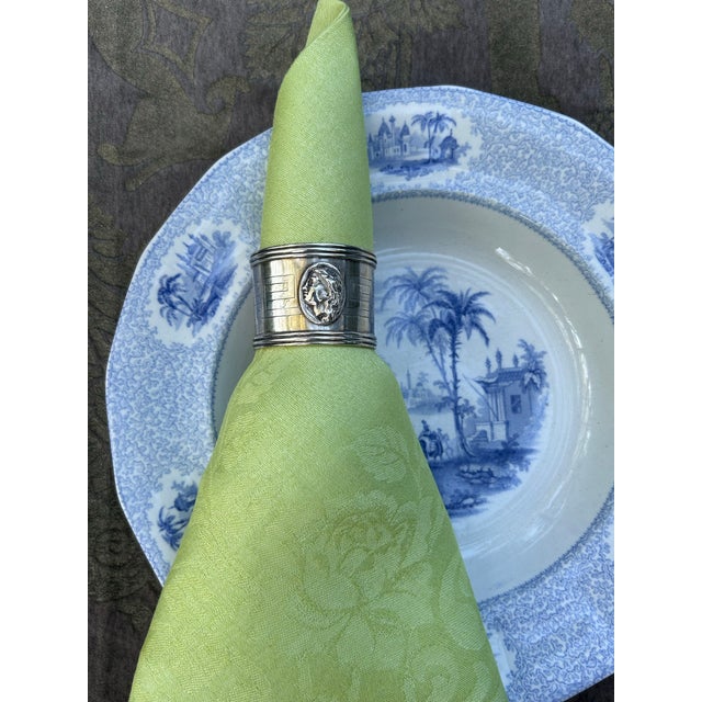 A set of 6 hand dyed spring green linen damask napkins, starched pressed and ready to serve. 22”square