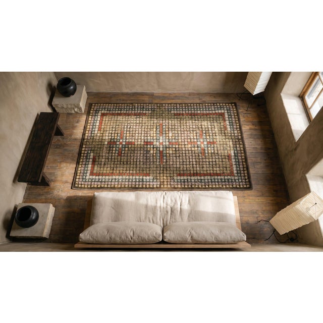 1940s Brown Tiled Squares Cross Antique American Hooked Rug 2'6" X 4'6" Handknotted Wool Carpet For Sale - Image 9 of 9