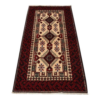 Baloch Rug 3’4” X 6’1” Ivory Wool Vintage Tribal Hand-Knotted Oriental Carpet For Sale