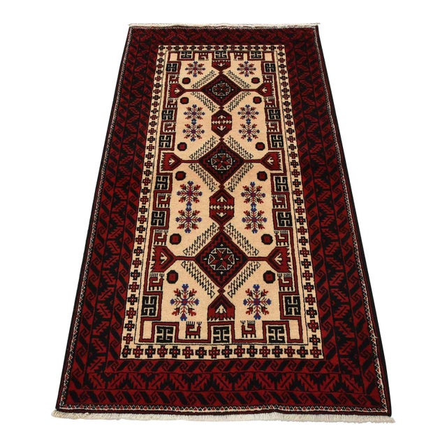 Baloch Rug 3’4” X 6’1” Ivory Wool Vintage Tribal Hand-Knotted Oriental Carpet For Sale