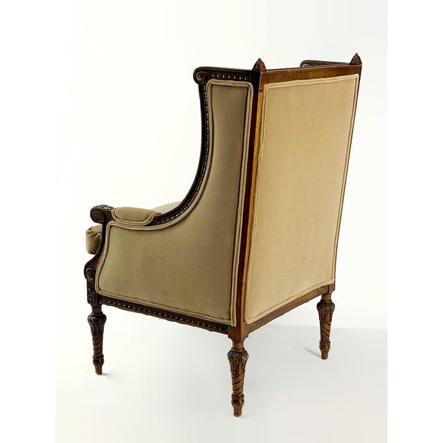1960s Vintage French Louis XVI-Style Bergère Armchair in Camel Velvet For Sale - Image 5 of 12