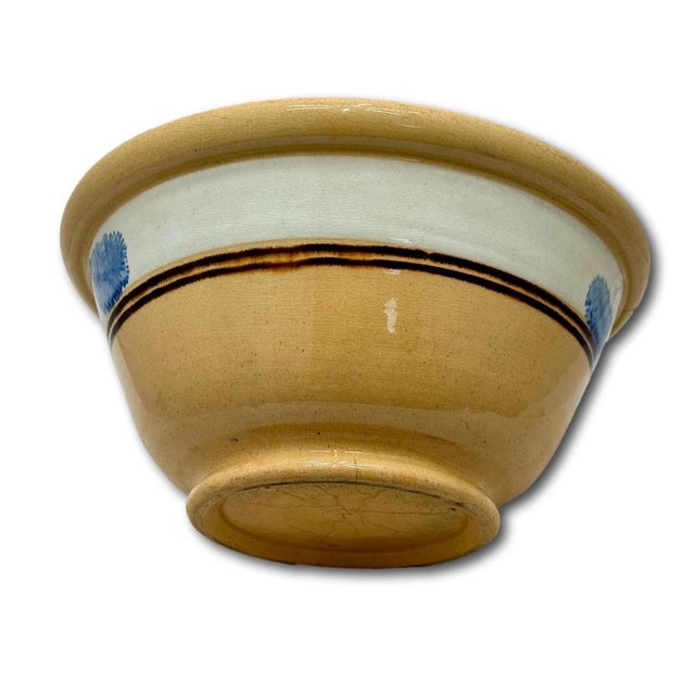 Nice Antique English Blue Seaweed Decorated & Banded Yellow Ware Kitchen Mixing Bowl - Circa Mid 19th Century For Sale - Image 10 of 18