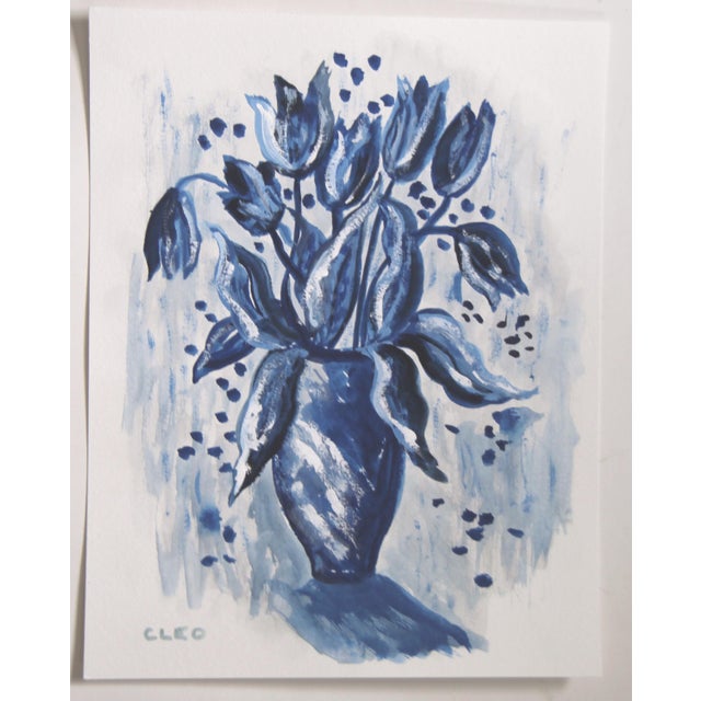 Abstract Still Life Botanic Floral Impressionism Pop Art Expressionism Navy Blue Original Painting Cleo Plowden For Sale - Image 3 of 3