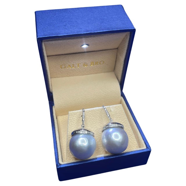 South Sea White Pearl Diamond Halo Pave 14 Karat White Gold Hook Drop Earrings, A Pair For Sale - Image 4 of 11