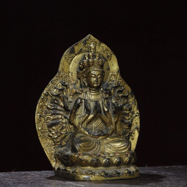 Vintage Gilt Bronze Thousand-Hand Guanyin Statue With Halo For Sale - Image 4 of 9