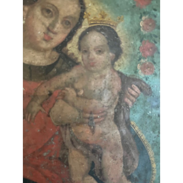 19th Century Virgin Mary and Christ Child Retablo, Oil on Tin For Sale In San Francisco - Image 6 of 13