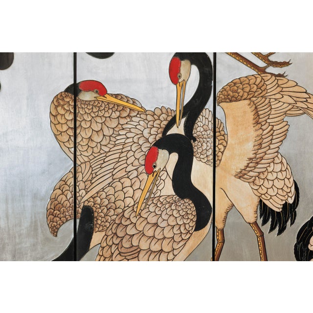 Vintage Chinese Four-Panel Screen with Silver Ground and Hand-Painted Cranes For Sale - Image 11 of 12
