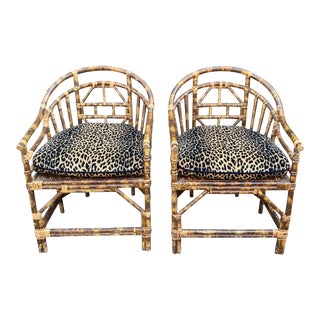 Regency Style Bamboo Barrel Chairs W Cheetah Cushions - a Pair For Sale