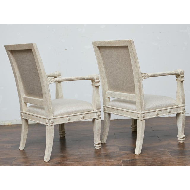 Pair of French 1920s Painted Armchairs with Carved Details and Linen Upholstery For Sale - Image 9 of 11