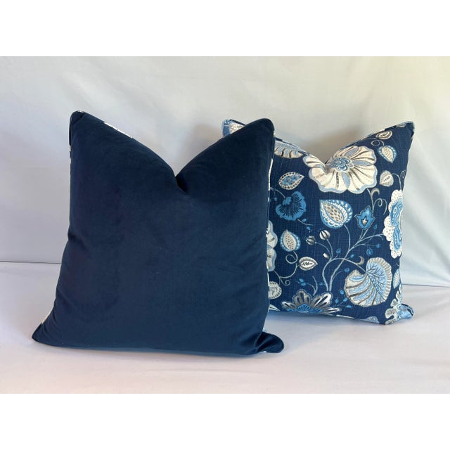 Custom made navy floral pillows with velvet matching backing. Feather down insert included.
