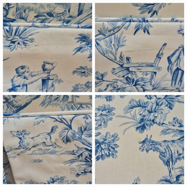 Antique Blue & White Toile De Jouy Camel Back Loveseat Rolled Arms Pleated Skirt For Sale - Image 13 of 16