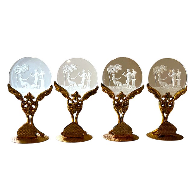 Tiffany and Co. Antique Bohemian Austrian Crystal Glass Intaglio Place Card Holders on Gold Gilt Base - Set of 8 For Sale - Image 4 of 5