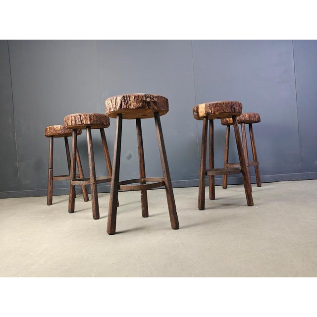 Brutalist Vintage Tree Trunk Bar Stools, 1970s, Set of 5 For Sale - Image 3 of 13