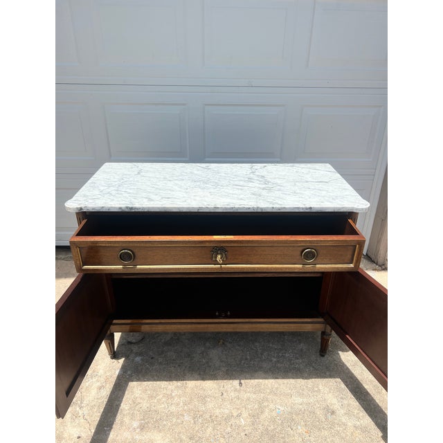 French 19th Century Louis XVI Walnut Carrara Marble Top Two Door Buffet For Sale - Image 11 of 12
