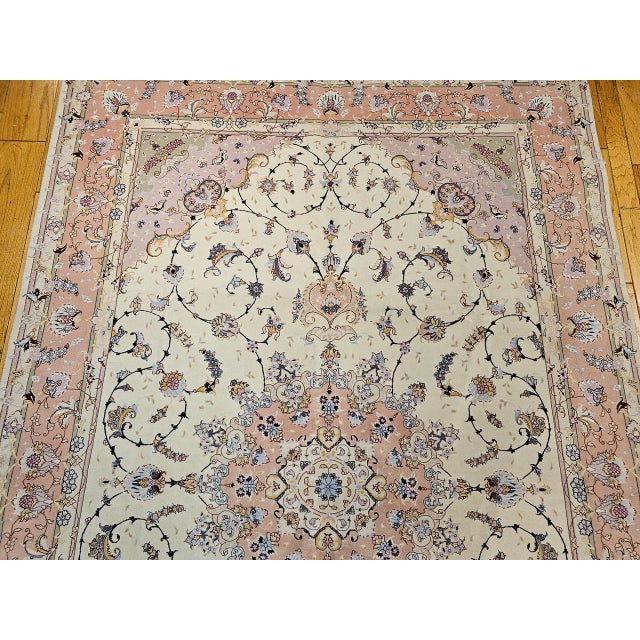 Persian Tabriz Rug, Hand-Knotted Wool & Silk, Fine Floral Pattern, Ivory & Pink, 7x10 For Sale - Image 9 of 15