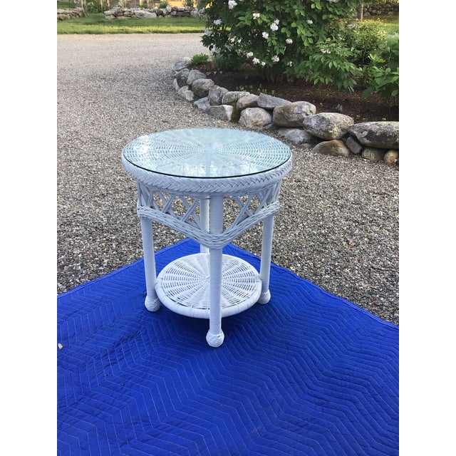 1980s Vintage Natural Wicker Side Table With Glass Top Freshly Painted in Gloss White Chairish