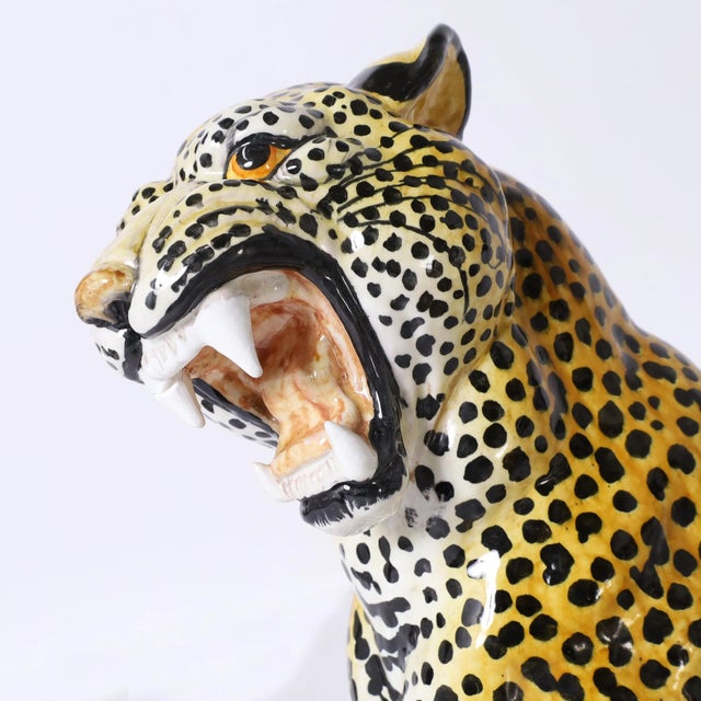 Pair of Vintage Italian Glazed Terra Cotta Leopard or Cat Sculptures For Sale In West Palm - Image 6 of 10