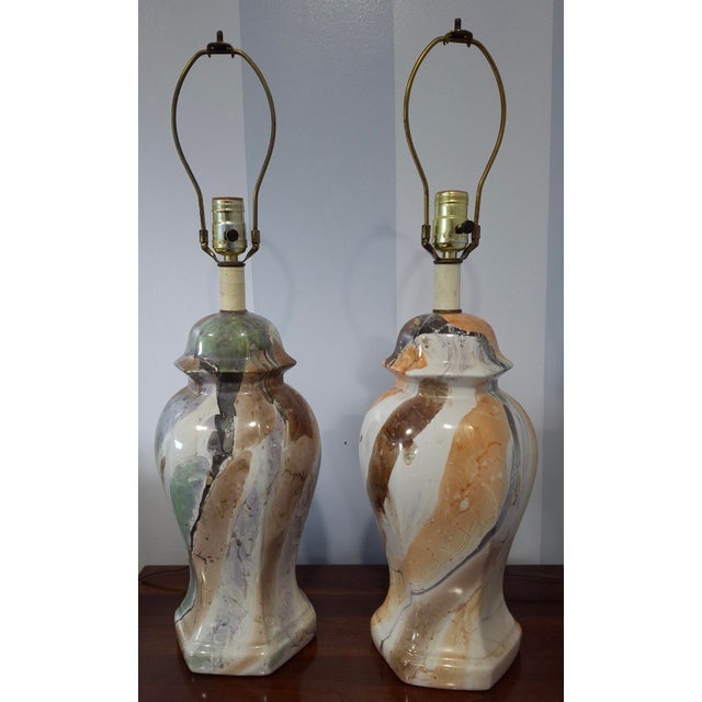 Mid 20th Century Pair Mid-Century Modern Marble-Glazed Ceramic Ginger Jar Style Table Lamps For Sale - Image 4 of 13