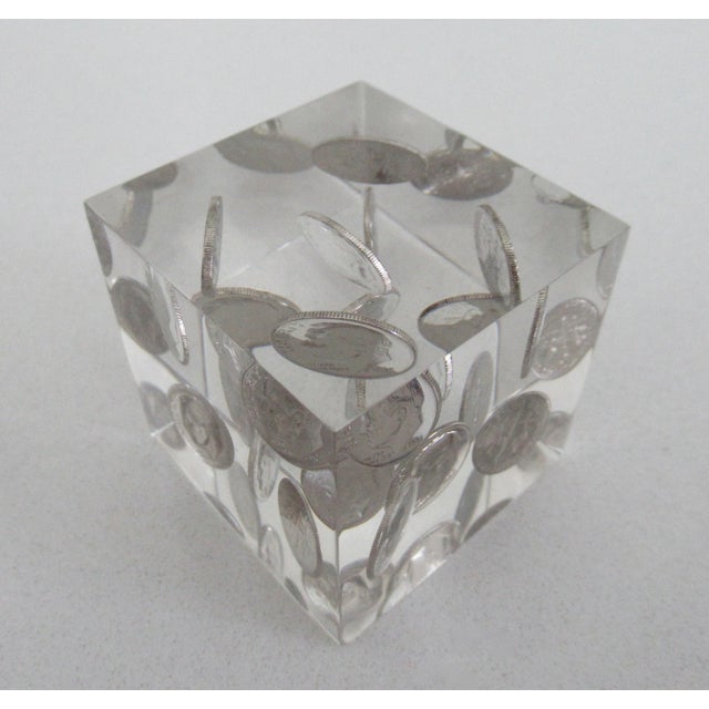 Transparent Vintage C.1970's Mid-Century Lucite & Dime Incapsulated Paperweight, Accent Piece For Sale - Image 8 of 13