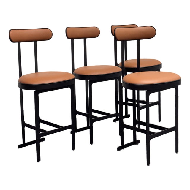 Michael Oren Design Custom Porter Place Style Swivel Faux Leather Counter Stools, Set of Four For Sale