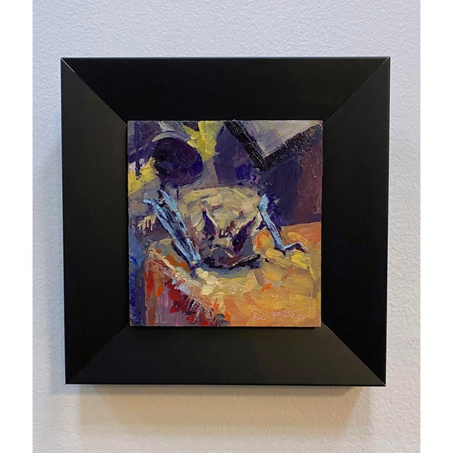 This oil on panel artwork presents a dynamic composition filled with abstract shapes and vibrant colors, suggesting a...