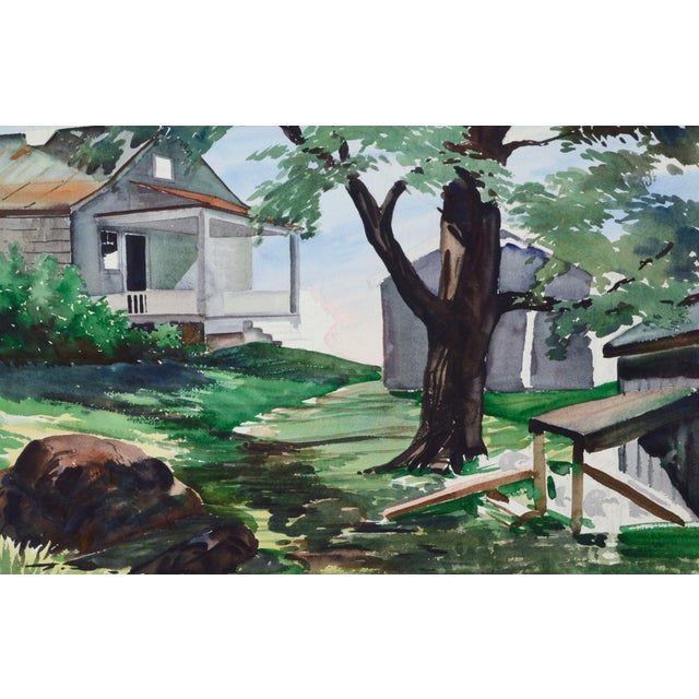 Wonderful mid-century watercolor landscape of a charming house with porch rendered in crisp detail, and a sprawling...