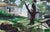 Wonderful mid-century watercolor landscape of a charming house with porch rendered in crisp detail, and a sprawling...