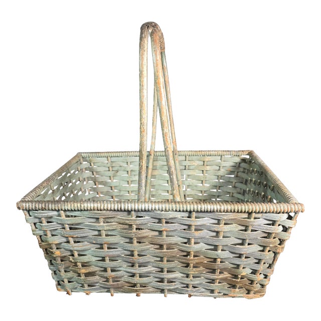 Antique American Primitive Painted Splint Gathering Basket With Solid Wood Bottom and Verdigris Patina For Sale