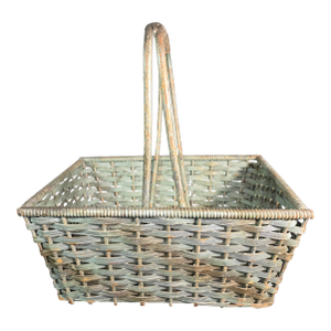 Antique American Primitive Painted Splint Gathering Basket With Solid Wood Bottom and Verdigris Patina