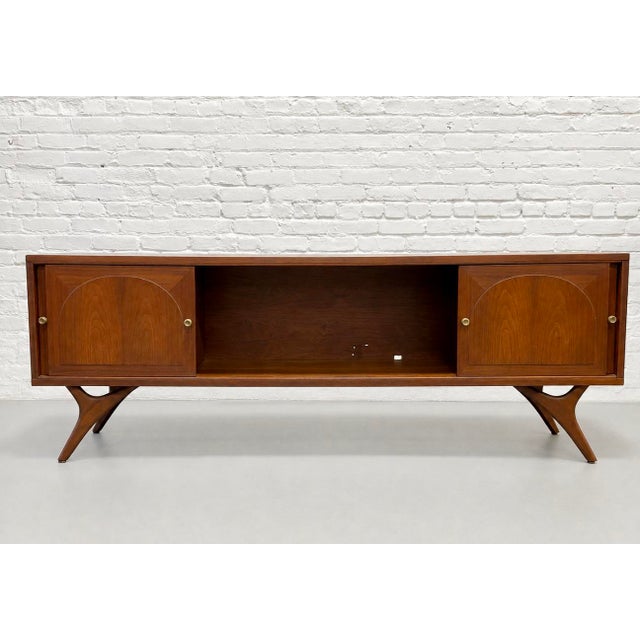 Long + Low Mid Century Modern Walnut and Cane Credenza | Sculptural Kagan Style Wishbone Leg Sideboard, C. 1960's For Sale In New York - Image 6 of 15
