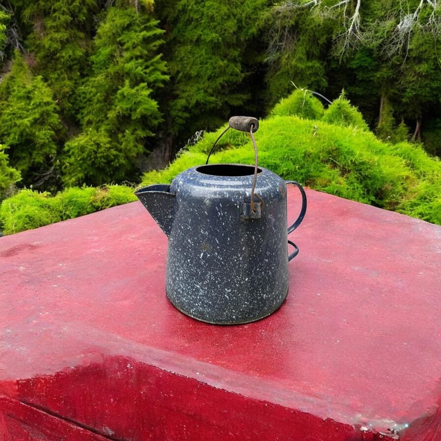 Early 20th Century Vintage Large Blue Speckled Enamel Federal Graniteware Coffee Pot For Sale - Image 5 of 10