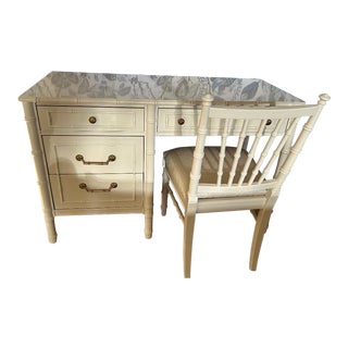 1960s Thomasville Faux Bamboo White Gloss Writing Desk and Chair - 2 Pieces For Sale
