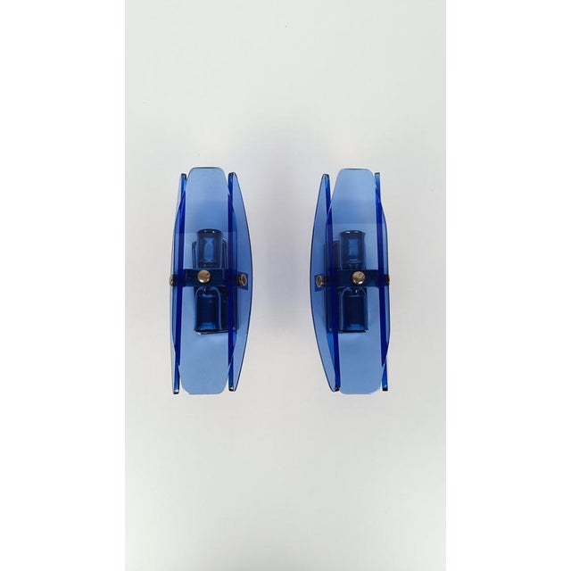 Italian Sconces in Chrome and Blue Beveled Glass from Veca, 1970s, Set of 2 For Sale - Image 14 of 15