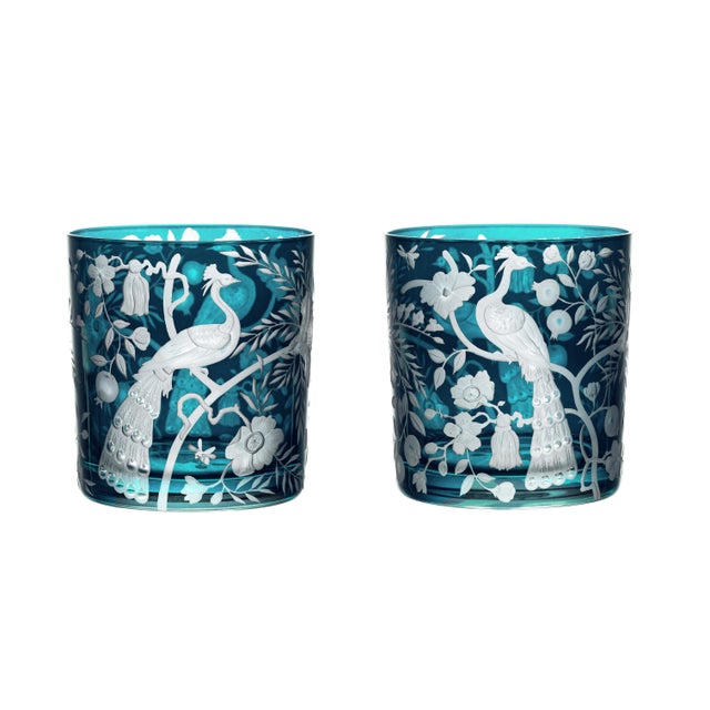 Chinoiserie ARTEL Chinoiserie Collection Double Old Fashioned Glasses in Peacock, Set of 6 For Sale - Image 3 of 3