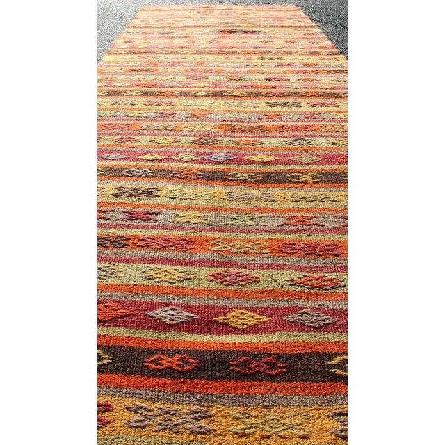 Tribal Vintage Turkish Kilim Runner With Multicolor Stripes and Tribal Motifs 2'9 X 10'6 For Sale - Image 3 of 10