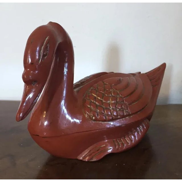 Wood Antique Chinese Red Orange Lacquer Carved Wood Duck Goose Box For Sale - Image 7 of 11