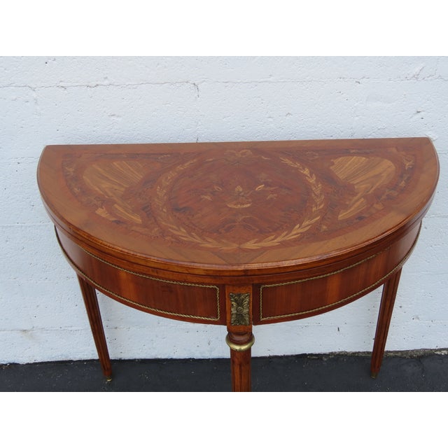French Demilune Inlay Leather Top Console Flip Top Card Table 6916 For Sale - Image 18 of 18