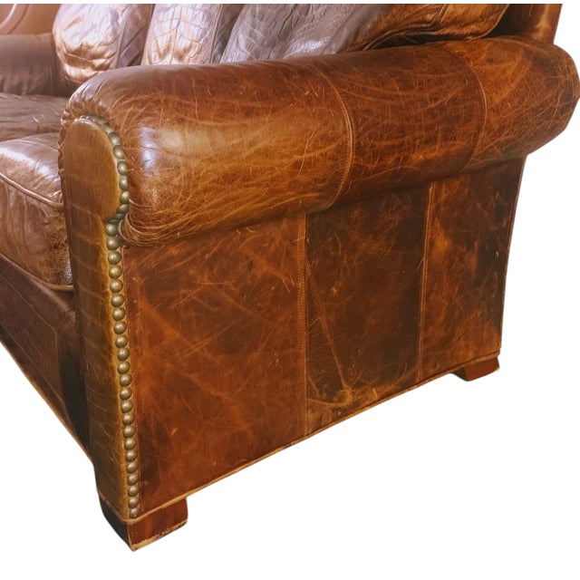 Traditional Vintage Vanguard Furniture Alligator Print Down Filled Full Grain Leather Sofa For Sale - Image 3 of 11
